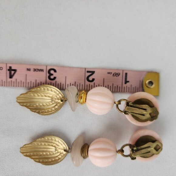 Vintage Pink Beaded Gold Leaf Clip On Earrings - Picture 5 of 5